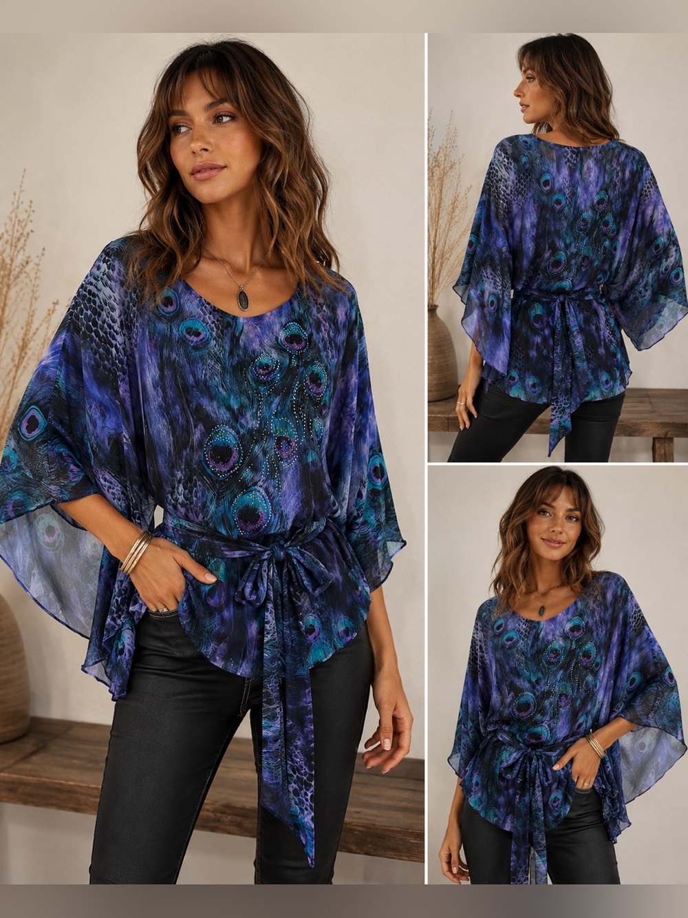 French Blue Peacock Print Embellished Chiffon Blouse Medium Boho Batwing Kimono